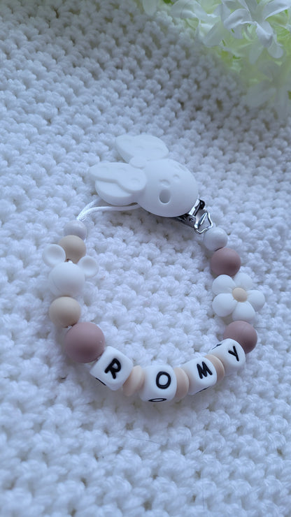 Schnullerkette mit Namen für Mädchen Minnie Prinzessin  beige