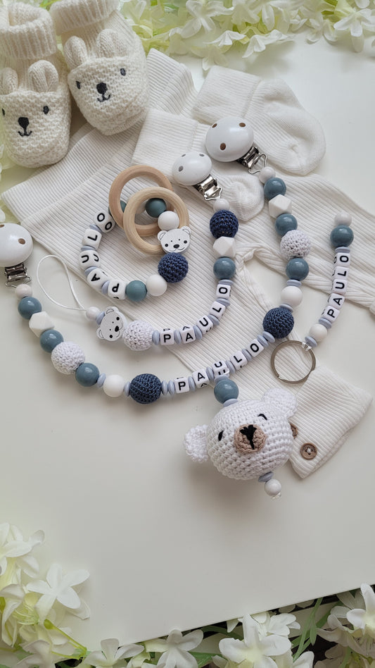 4 tlg Mega Komplett Set inkl. Schlüsselanhänger Bärchen graublau