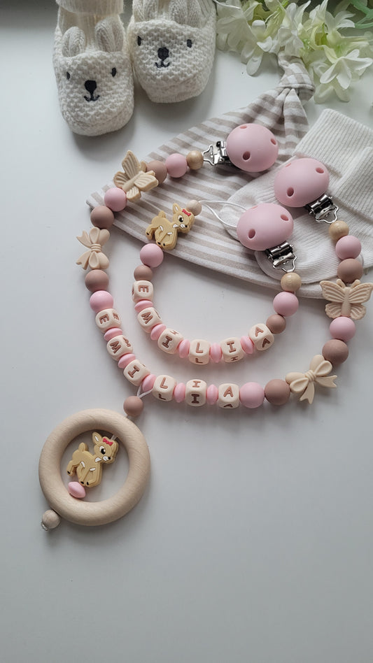 Kinderwagenkette & Schnullerkette mit Namen Schmetterling Reh altrose taupe