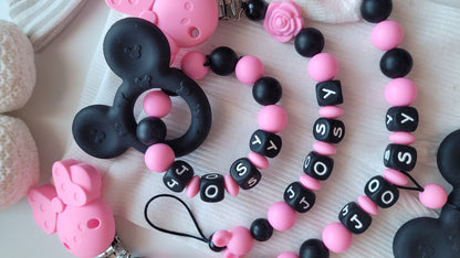3er Set Kinderwagenkette & Schnullerkette mit Namen + Greifring für Mädchen Maus