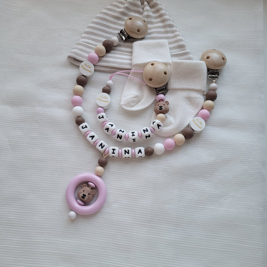 Kinderwagenkette & Schnullerkette mit Namen Bärchen & Kleine Prinzessin rosa beige braun