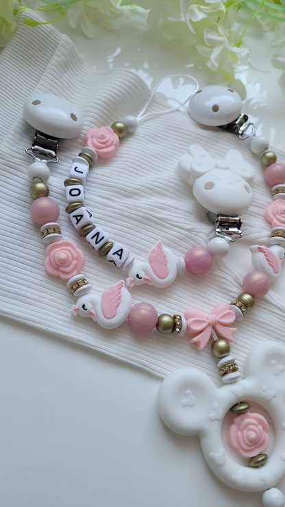 Kinderwagenkette & Schnullerkette *Schwan Prinzessin* rose apricot gold