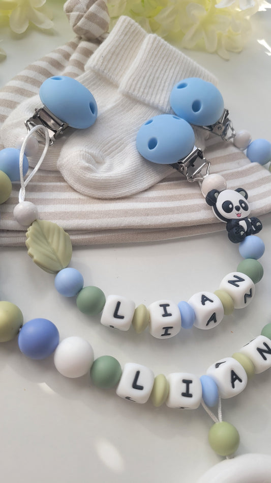 Schnullerkette mit Namen für Jungen Panda blau grün
