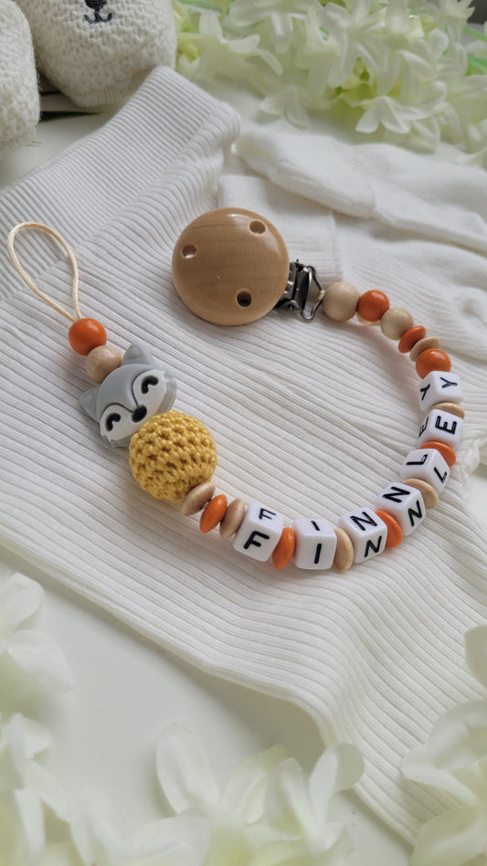 Schnullerkette mit Namen für Jungen Fuchs orange