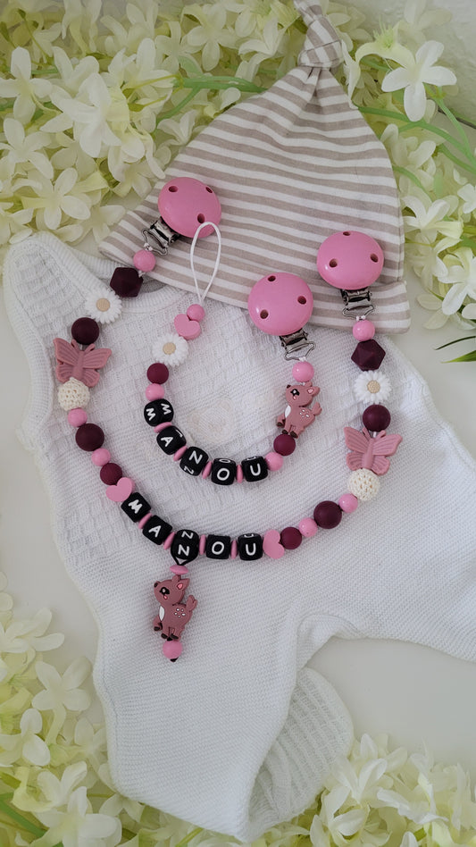 Kinderwagenkette & Schnullerkette * Sweety Kitz* babyrosa weinrot