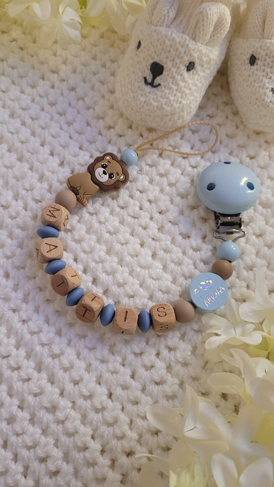 Schnullerkette für Jungen mit Namen Löwe 🦁 Braun blau