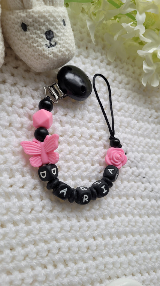 Schnullerkette mit Namen für Mädchen Schmetterling schwarz pink