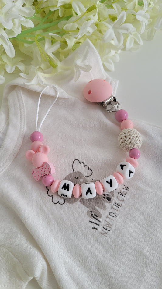 Schnullerkette mit Namen für Mädchen Maus babypink apricot