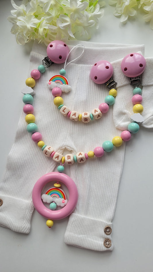 Kinderwagenkette & Schnullerkette Regenbogen Pastell