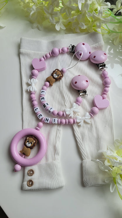 Kinderwagenkette & Schnullerkette mit Namen Löwe rosa