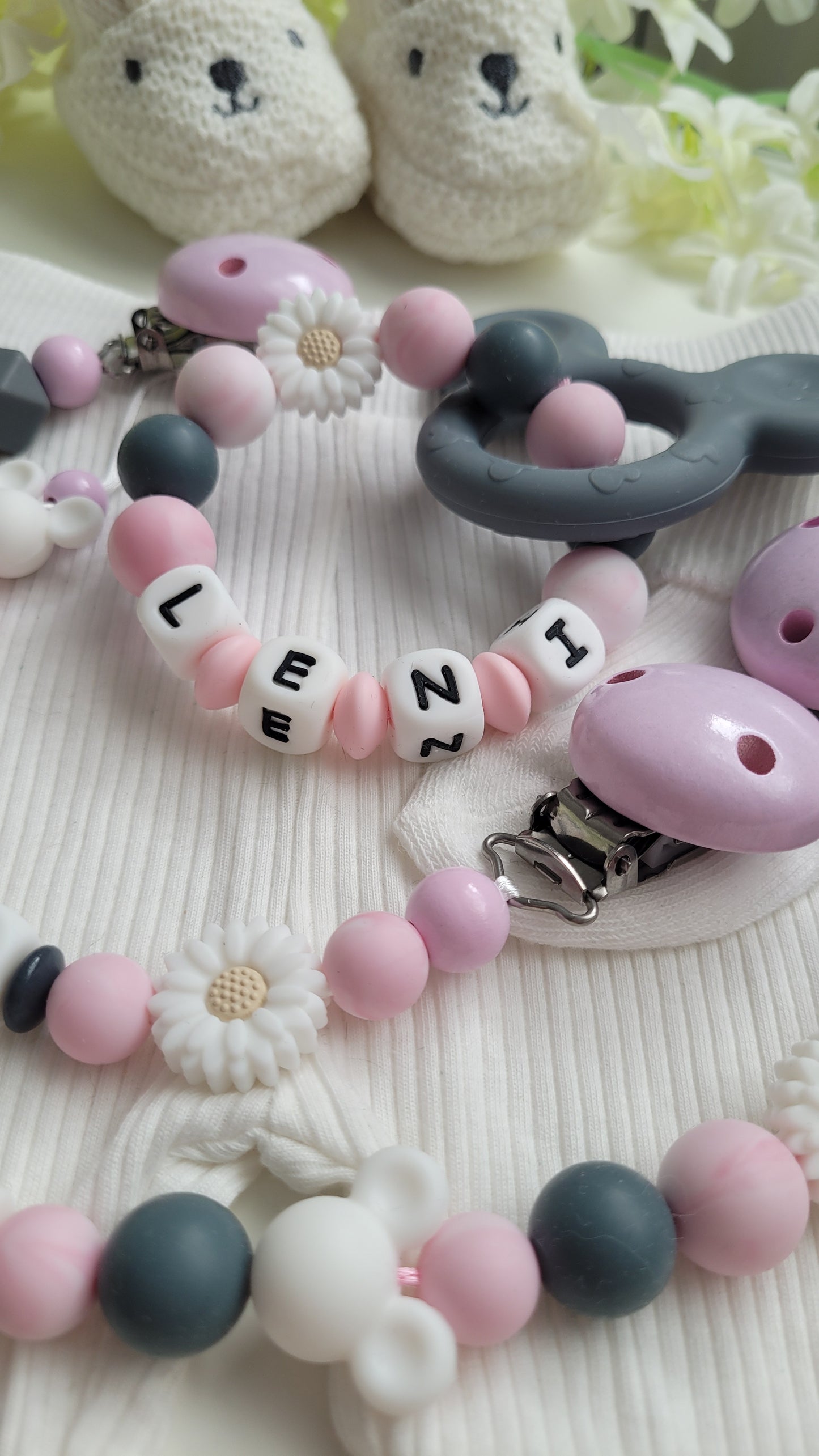 3tlg Set Schnullerkette Kinderwagenkette Greifling Maus grau rosa