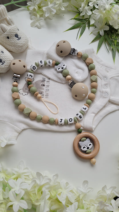 Kinderwagenkette & Schnullerkette Set softgreen Fuchs