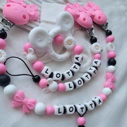 3er Set Kinderwagenkette & Schnullerkette mit Namen + Greifring für Mädchen schwarz pink weiß