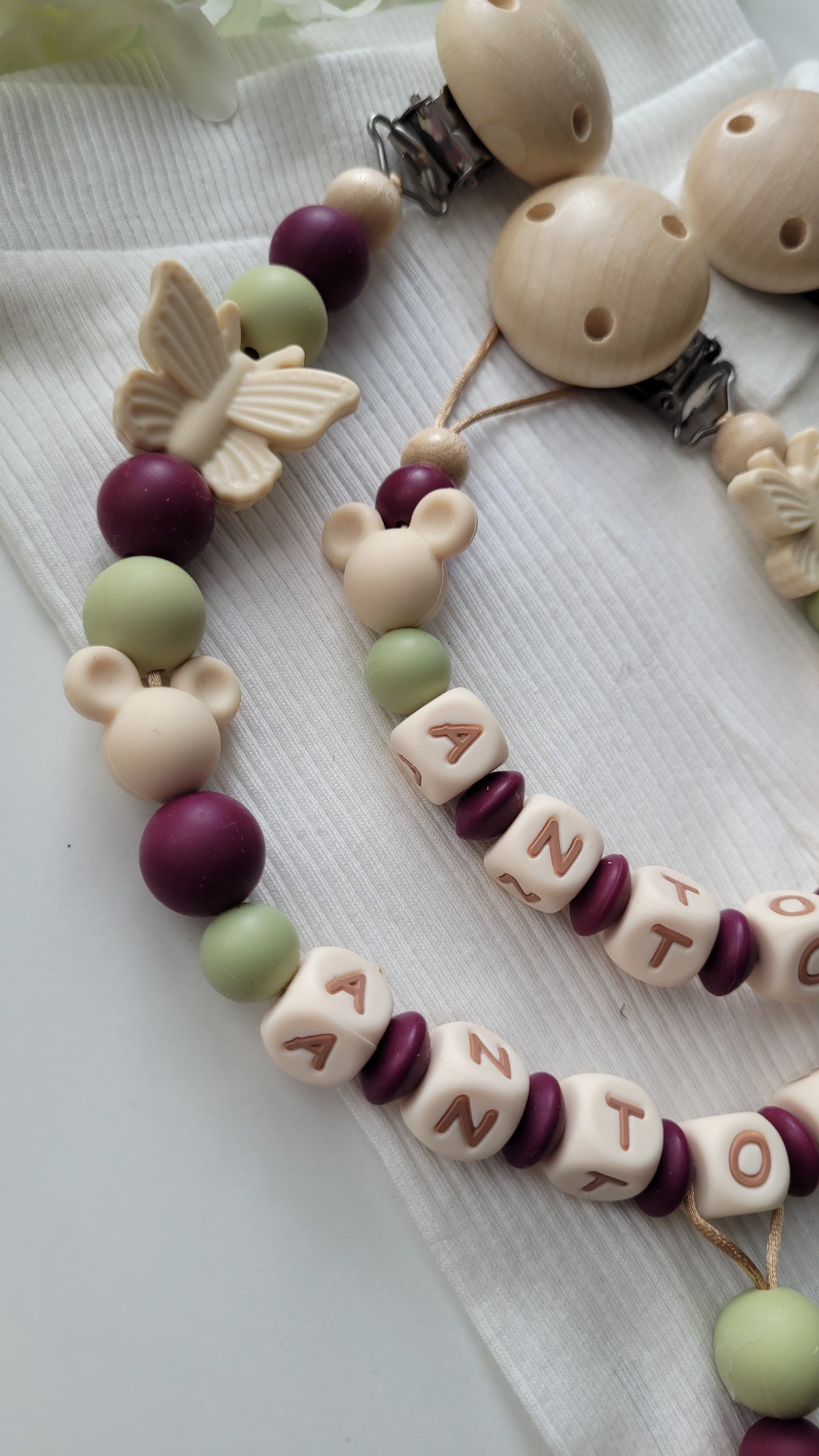 Kinderwagenkette & Schnullerkette Set mit Namen Maus Schmetterling brombeer beige grün Silikon Holz | personalisiert