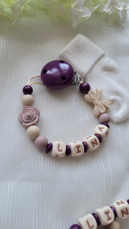Schnullerkette mit Namen für Mädchen Blume & Schleife pflaume lila beige altrosa