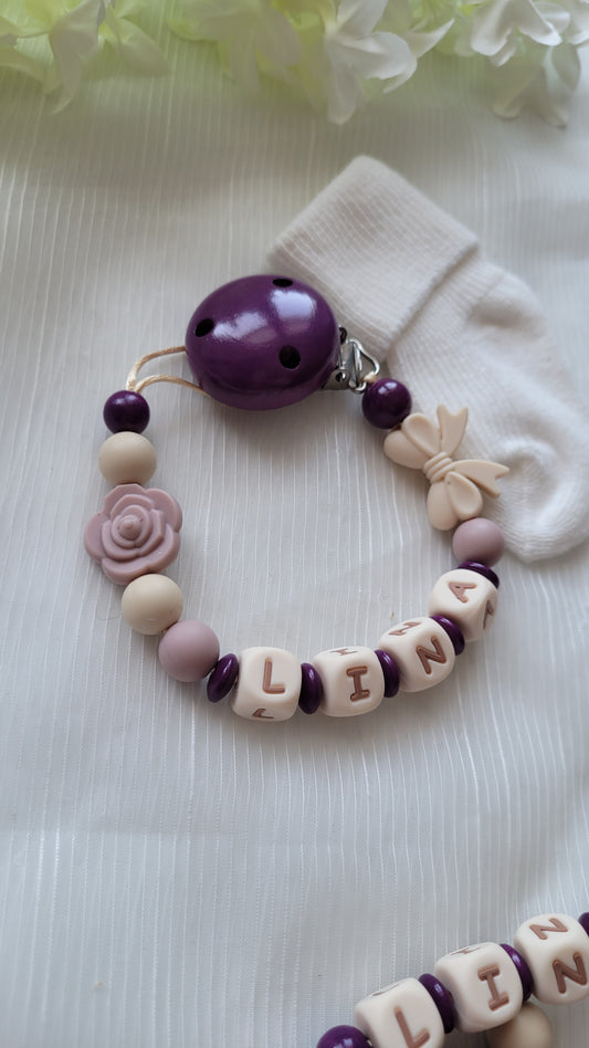 Schnullerkette mit Namen für Mädchen Blume & Schleife pflaume lila beige altrosa