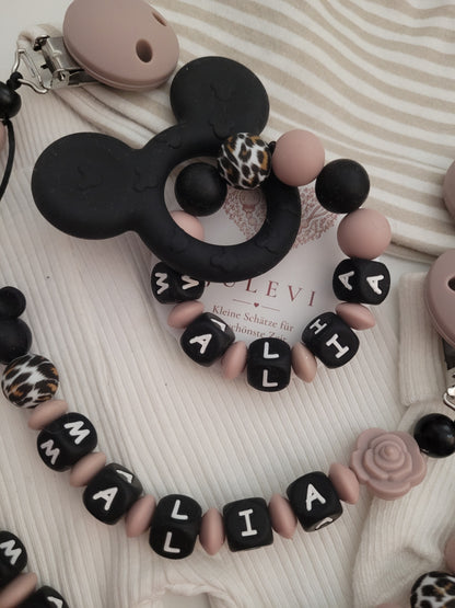 3er Set Schnullerkette, Kinderwagenkette & Greifring mit Namen Maus Rosen graurosé schwarz leo
