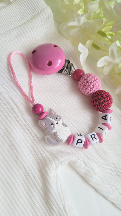 Schnullerkette mit Namen für Mädchen Kätzchen nachtleuchtend