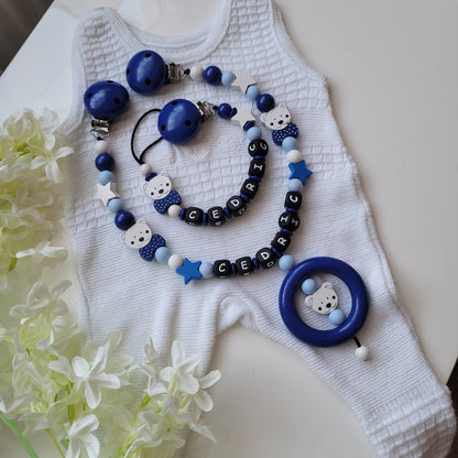 Kinderwagenkette & Schnullerkette * Sweet Teddy * blau weiss