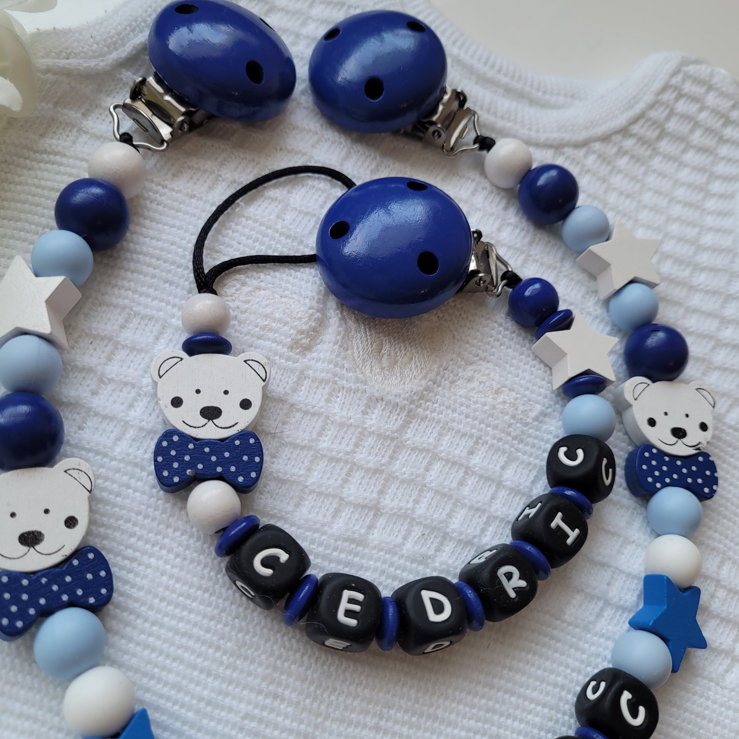 Kinderwagenkette & Schnullerkette * Sweet Teddy * blau weiss