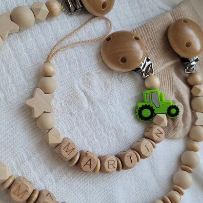 Kinderwagenkette & Schnullerkette mit Namen Traktor grün holz