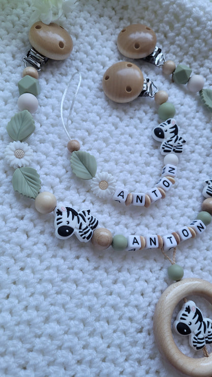 Kinderwagenkette & Schnullerkette Set Baby Zebra holz Salbei grün