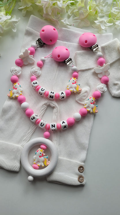 Kinderwagenkette & Schnullerkette mit Namen Kleines Regenbogen Einhorn