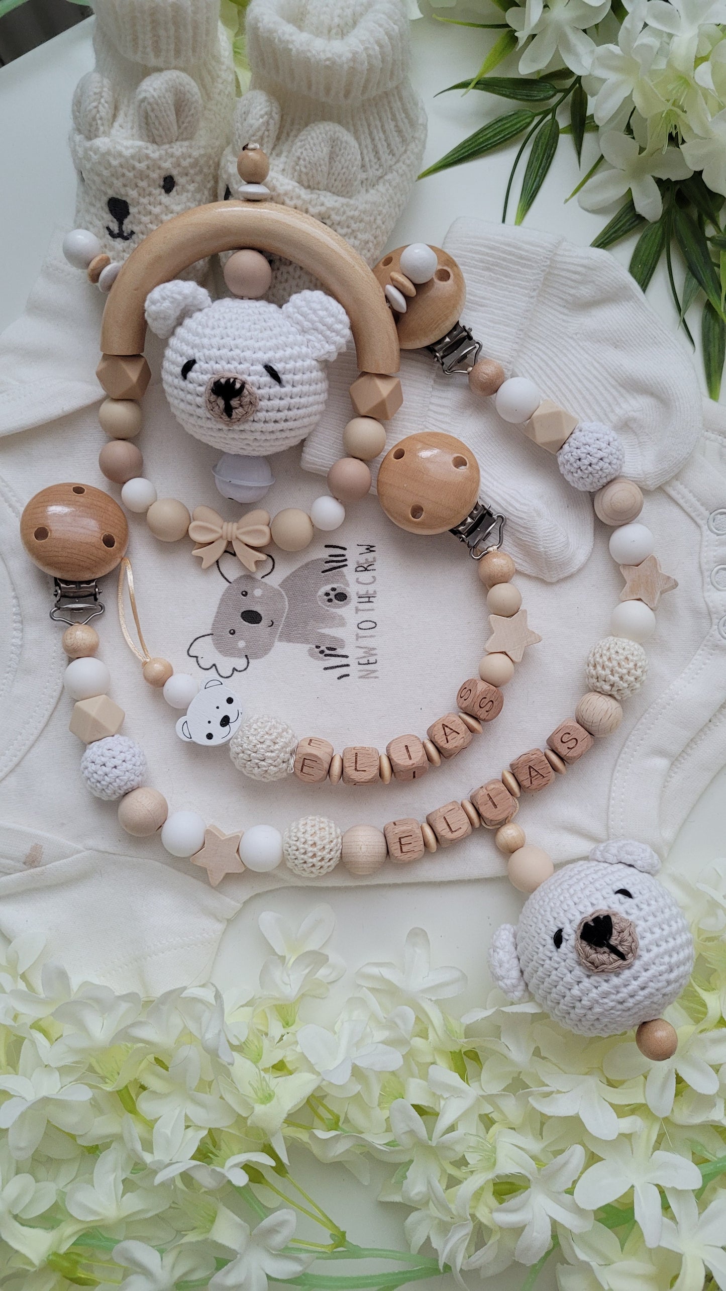3tlg Set Schnullerkette Kinderwagenkette Greifling Teddy beige weiss