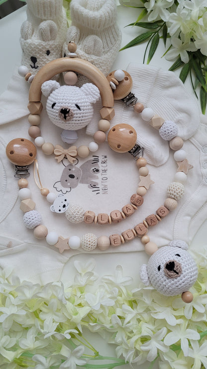 3tlg Set Schnullerkette Kinderwagenkette Greifling Teddy beige weiss