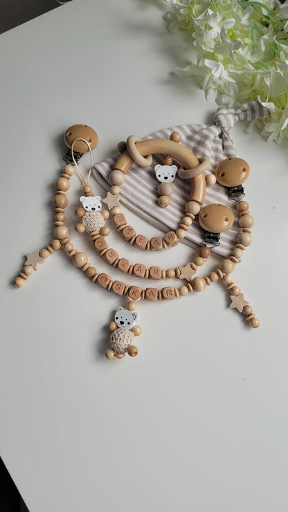 3tlg.Set Schnullerkette Kinderwagenkette & Greifring mit Namen Bärchen holz