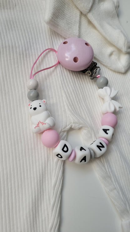 Kinderwagenkette & Schnullerkette mit Namen Eisbärchen grau rosa weiss