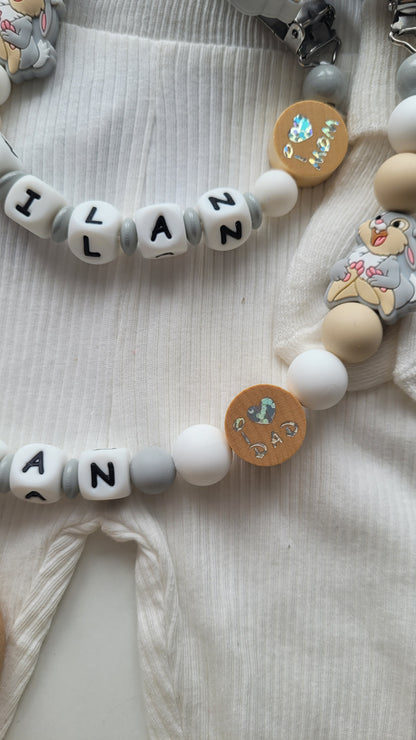 Kinderwagenkette & Schnullerkette Set mit Namen Hase Wendeperle i love Mom und Dad weiß grau beige Holz Silikon | personalisiert