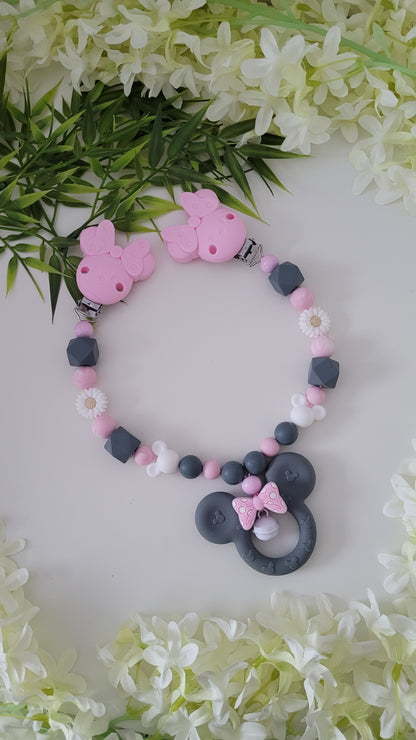Kinderwagenkette & Schnullerkette *Minnie* grau rosa