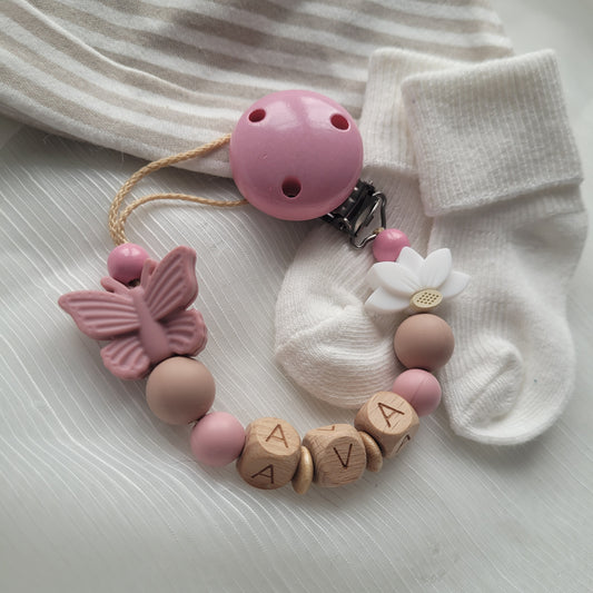 Schnullerkette mit Namen für Mädchen Schmetterling blush taupe