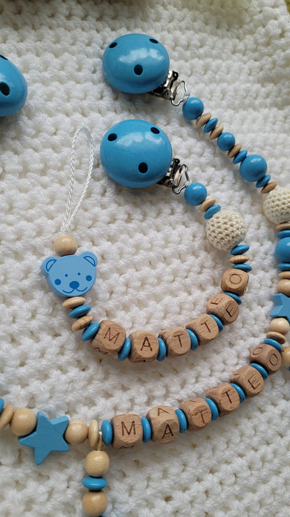 Kinderwagenkette & Schnullerkette mit Namen Teddy blau holz