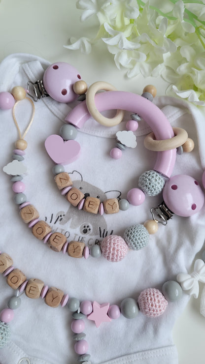 3tlg Set Schnullerkette Kinderwagenkette Greifling Rosa Wolke
