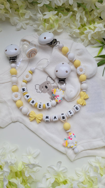 Kinderwagenkette & Schnullerkette *Einhorn*  weiss gelb