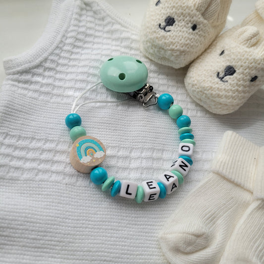 Schnullerkette mit Namen Regenbogenperle mint türkis