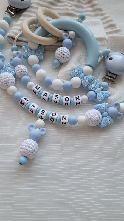 3tlg Set Schnullerkette Kinderwagenkette Greifling *Babymaus* hellblau
