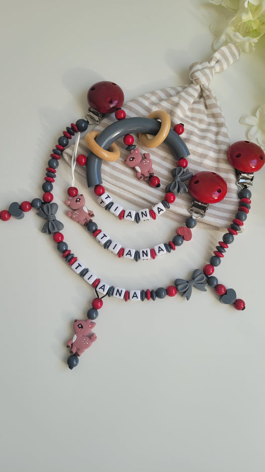 3tlg.Set Schnullerkette Kinderwagenkette & Greifring mit Namen Reh bordaux grau