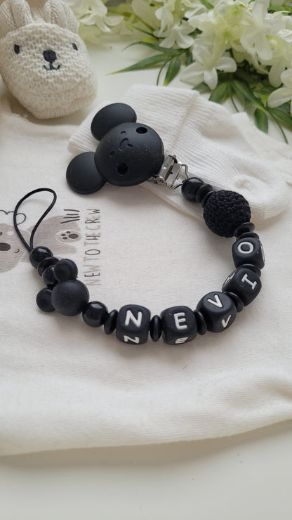 Schnullerkette mit Namen für Jungen Black Maus Holzperlen