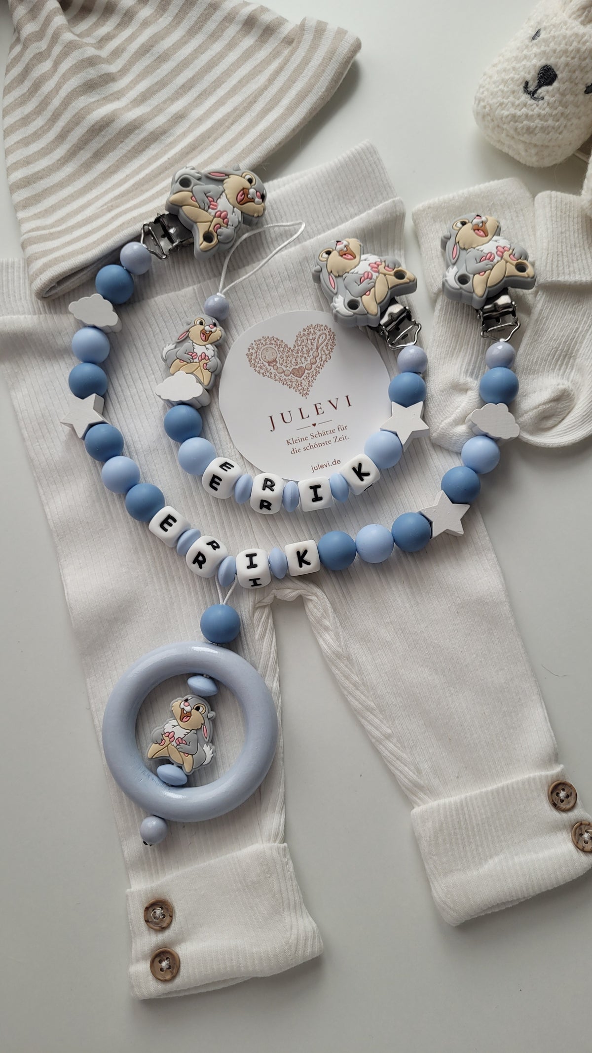 Kinderwagenkette & Schnullerkette Set mit Namen Hase Sterne Wolken blau Silikon Holz | personalisiert