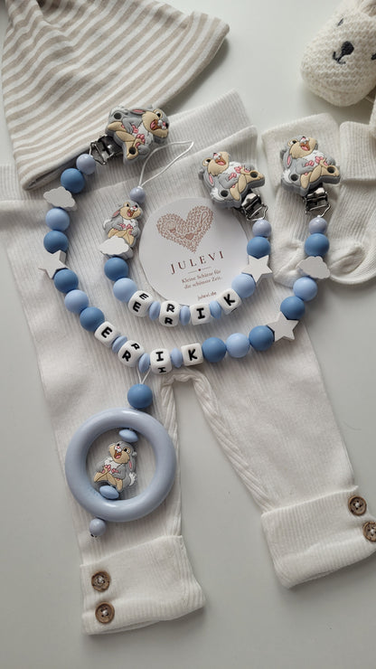 Kinderwagenkette & Schnullerkette Set mit Namen Hase Sterne Wolken blau Silikon Holz | personalisiert