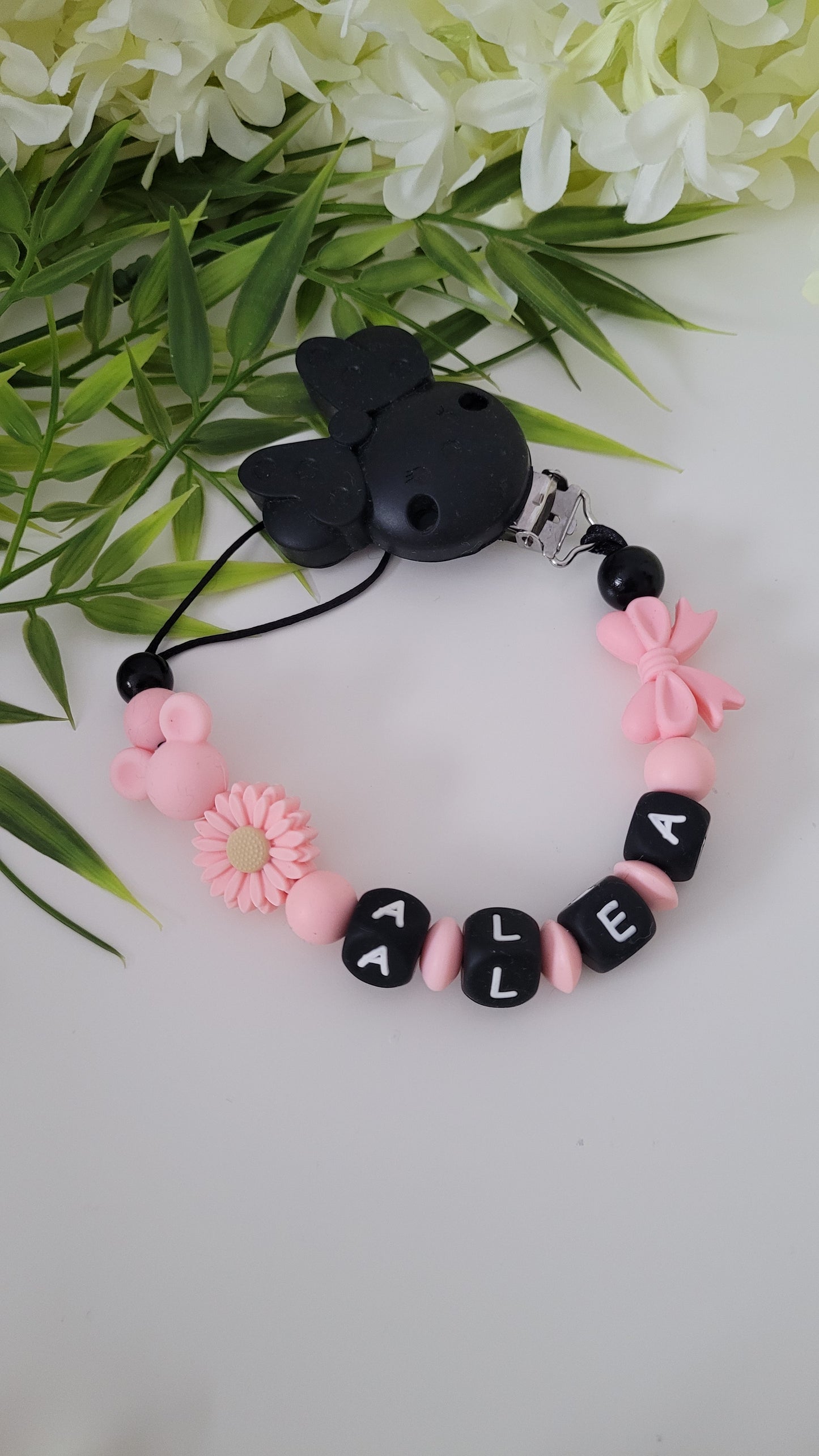 Kinderwagenkette & Schnullerkette *Minnie* rosa schwarz