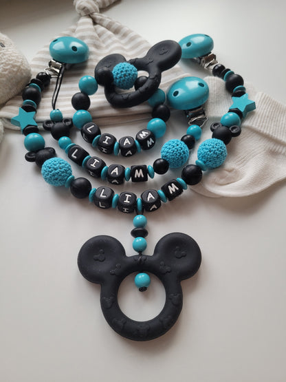 3er Set Schnullerkette Kinderwagenkette & Greifring mit Namen Maus türkis schwarz