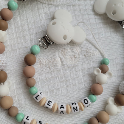 Kinderwagenkette & Schnullerkette mit Namen *Maus* beige weiss mint