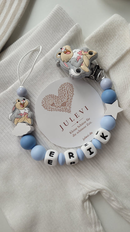 3tlg Set Schnullerkette Kinderwagenkette Beissring mit Namen Hase Wolken Sterne blau | personalisiert
