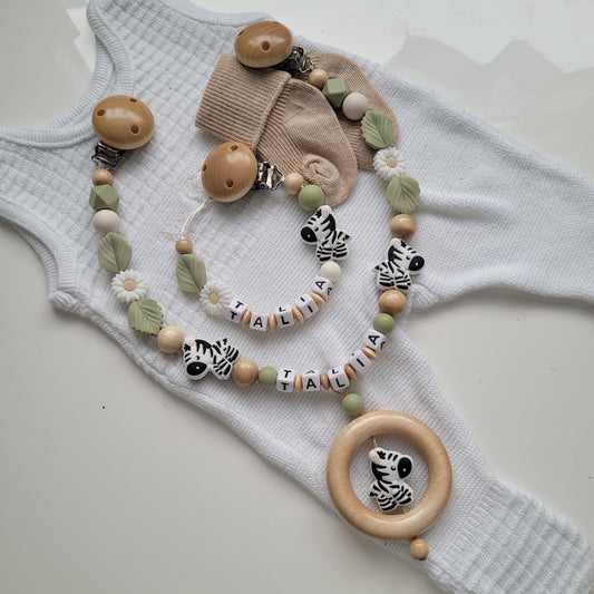 Kinderwagenkette & Schnullerkette Set Baby Zebra holz Salbei grün