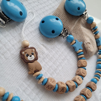 Kinderwagenkette & Schnullerkette Set Baby Löwe Teddy  blau