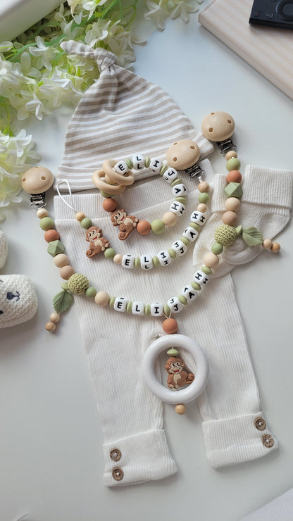 3tlg Set Schnullerkette Kinderwagenkette Greifring mit Namen | Affen | Beige Grün